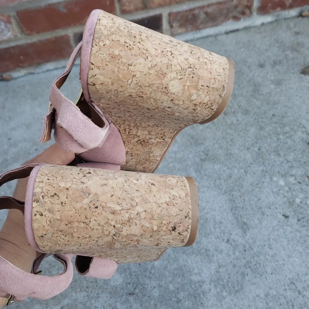 Anthropologie Lien Do Womens Suede Cork Platform Wedge Sandals Size 6 Pink Boho